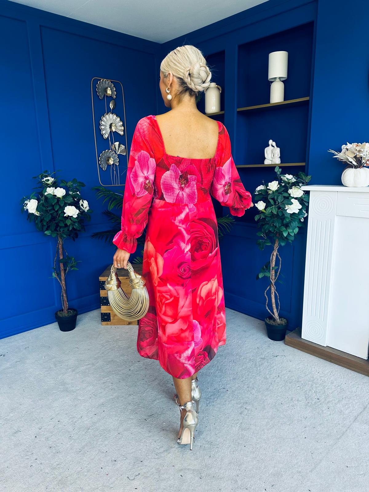 Ailbhe Detailed Midi Dress Floral Red - Image 10