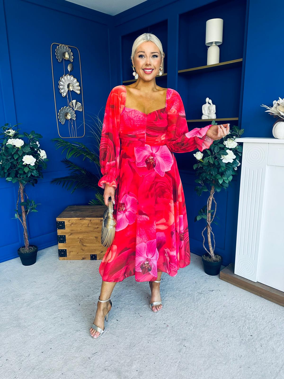 Ailbhe Detailed Midi Dress Floral Red - Image 6