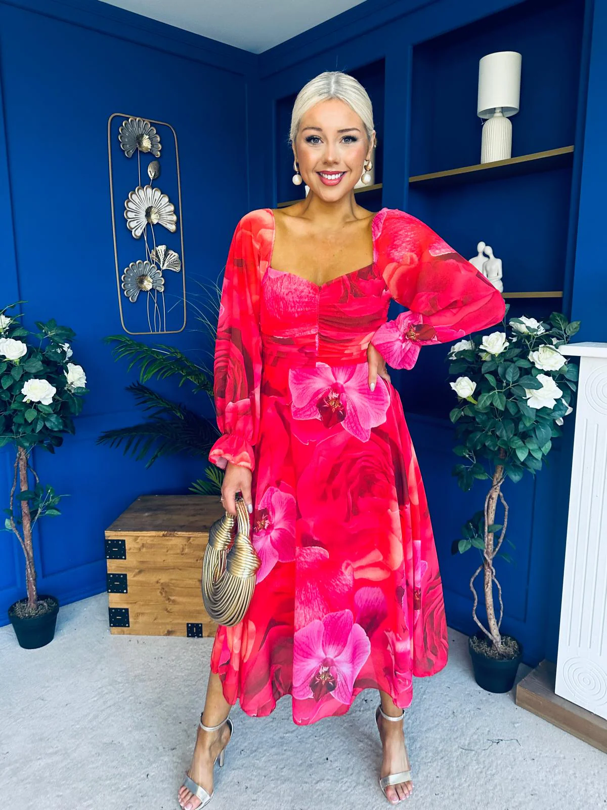 Ailbhe Detailed Midi Dress Floral Red - Image 7