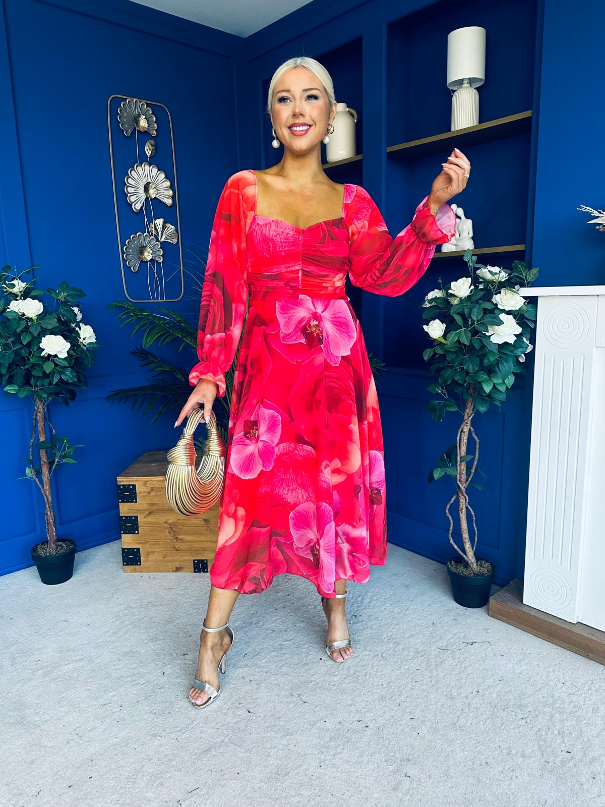 Ailbhe Detailed Midi Dress Floral Red - Image 8