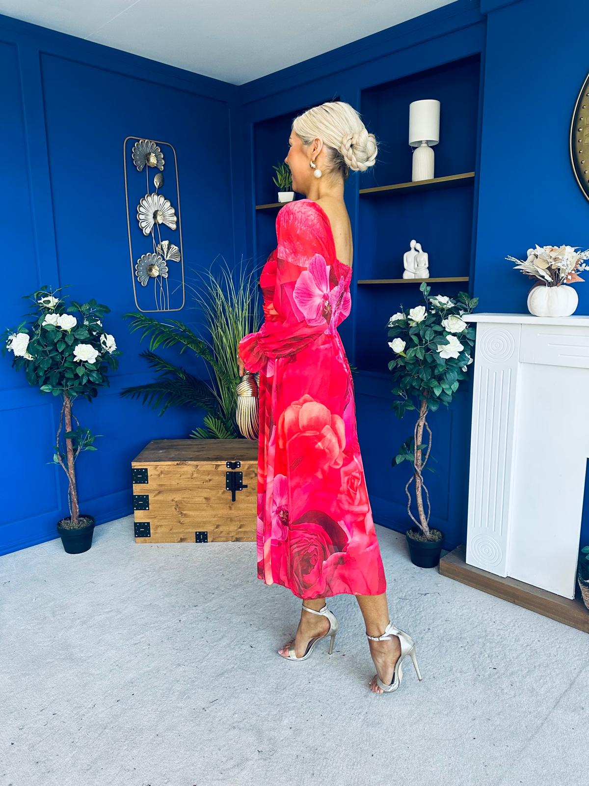 Ailbhe Detailed Midi Dress Floral Red - Image 9