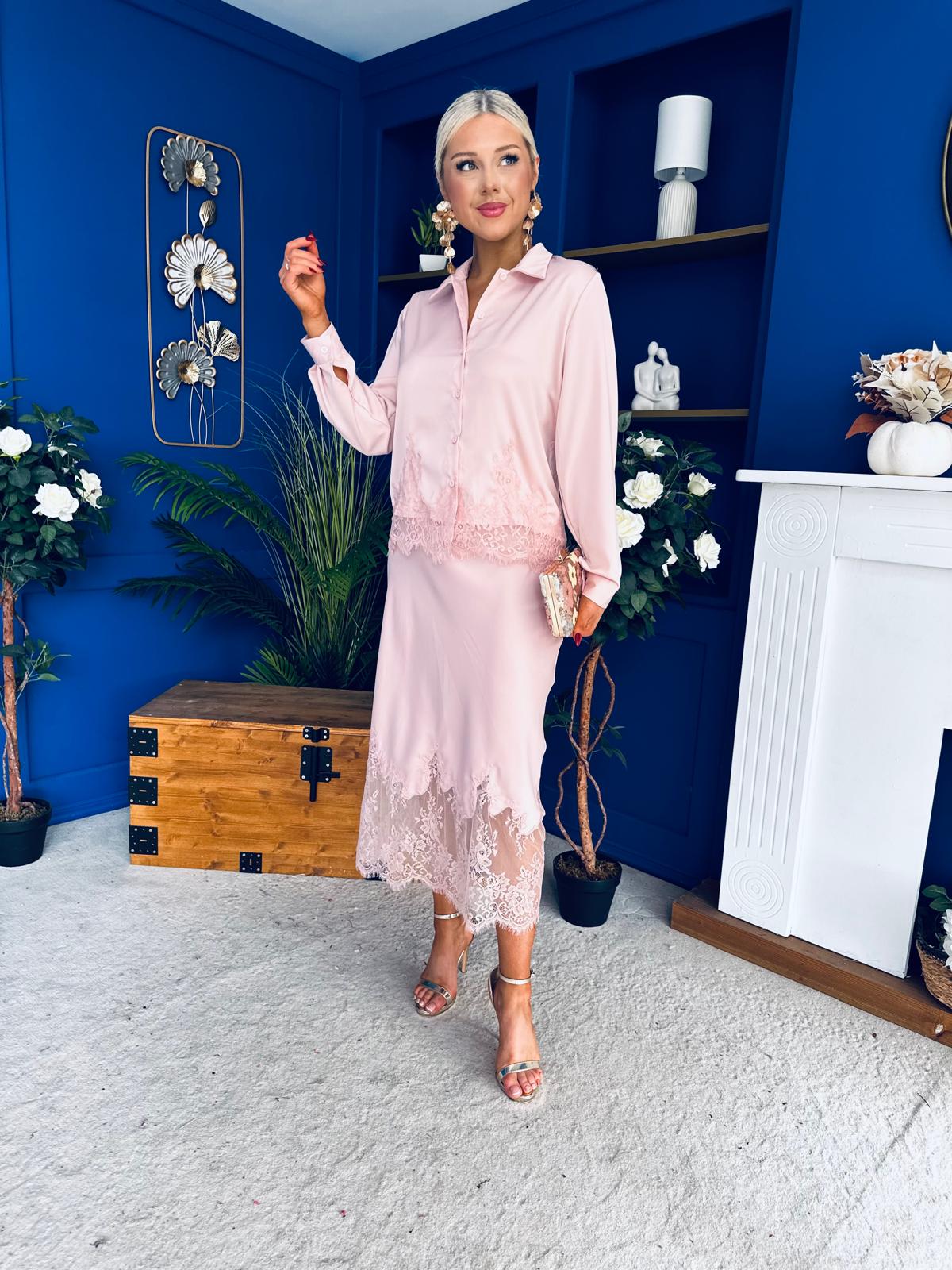 Bonnie Lace Detail Shirt & Skirt Set Blush - Image 4