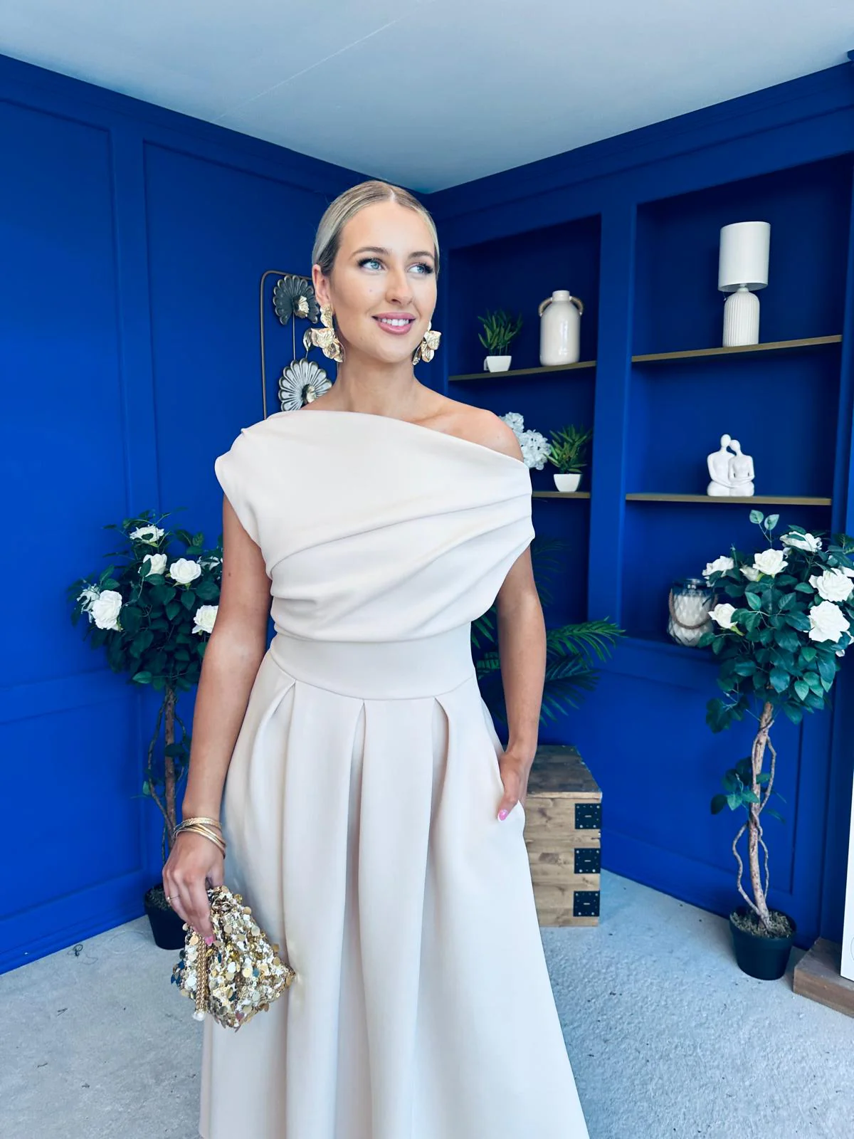 Breffy Asymmetric Neckline Skater Midi Cream - Image 3