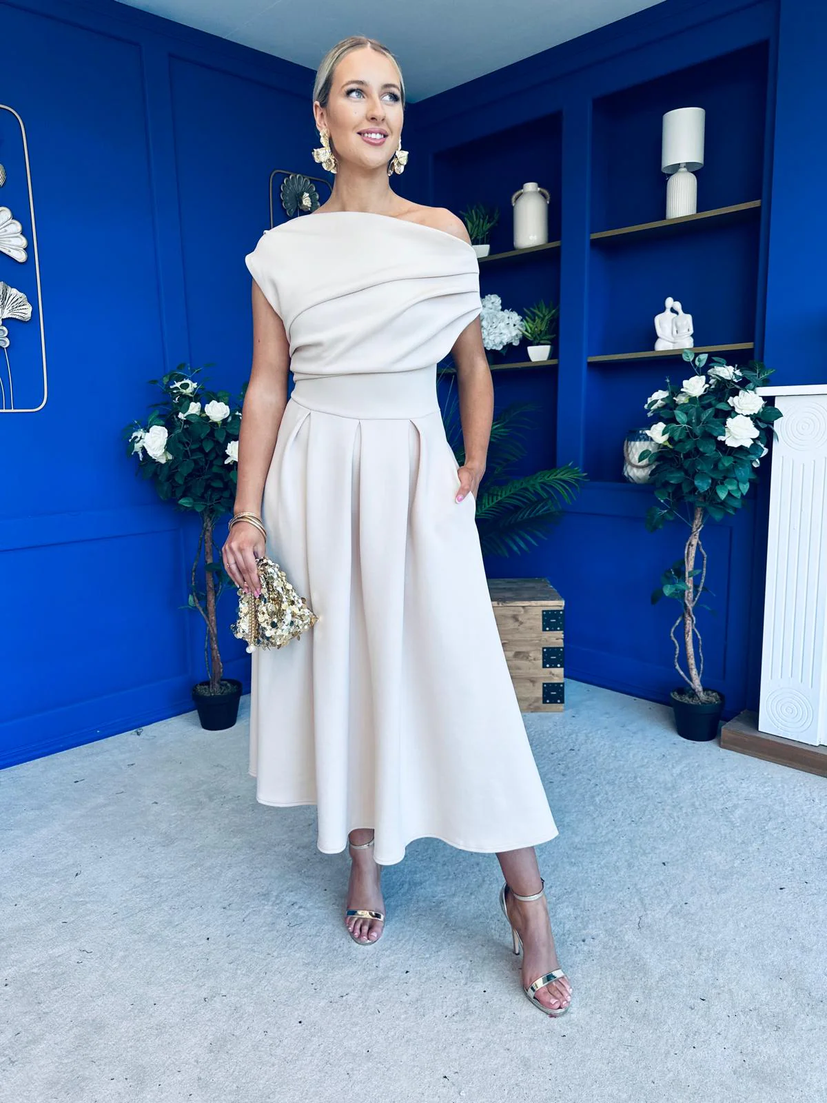 Breffy Asymmetric Neckline Skater Midi Cream - Image 4