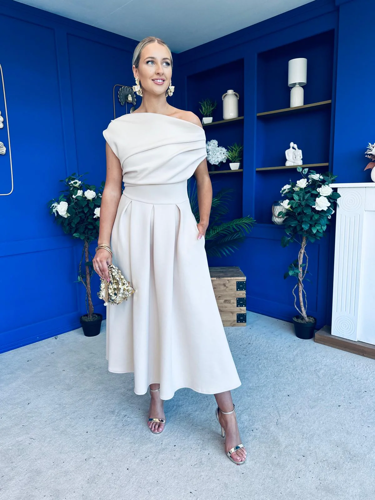 Breffy Asymmetric Neckline Skater Midi Cream - Image 5