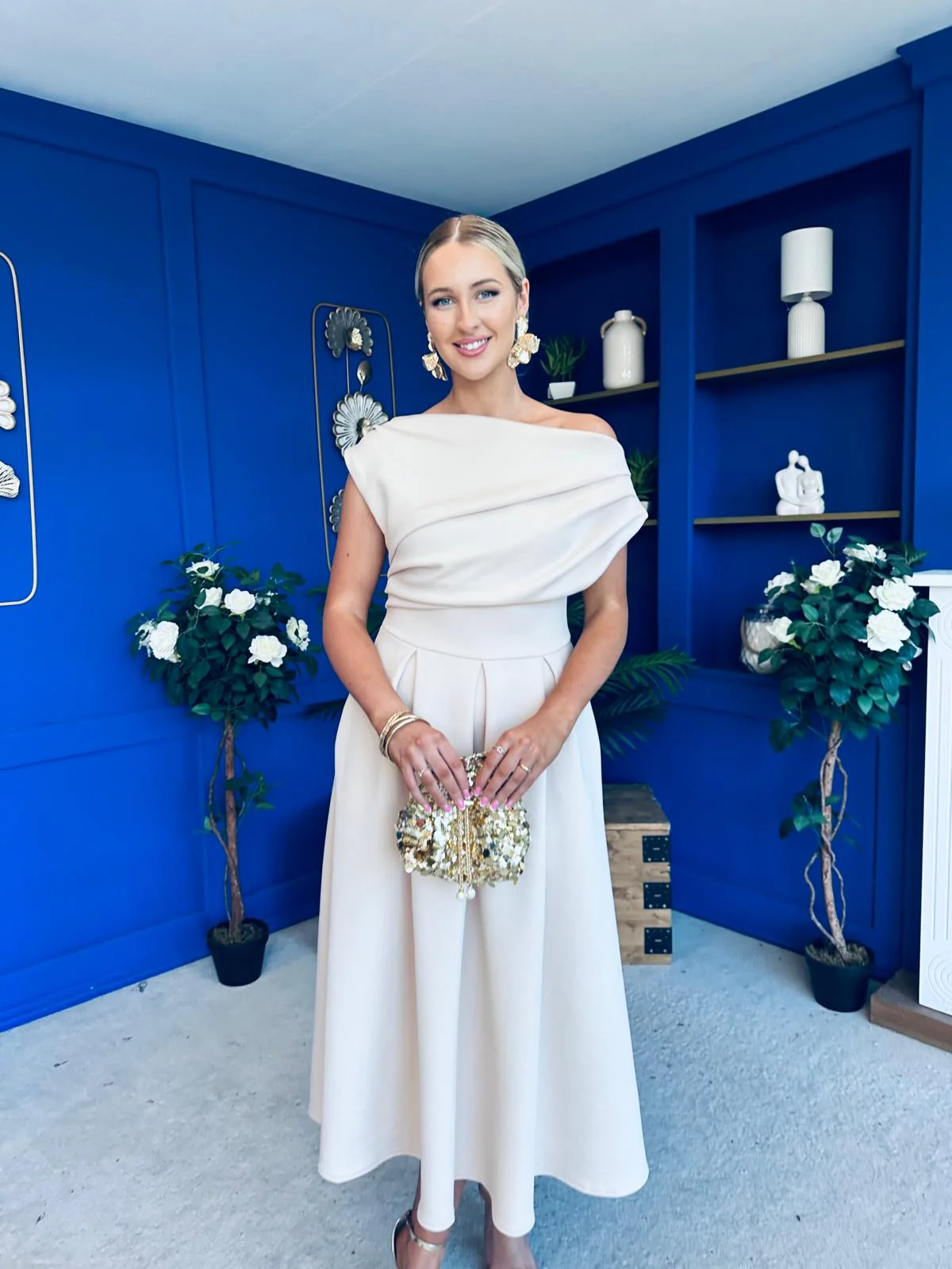 Breffy Asymmetric Neckline Skater Midi Cream - Image 6