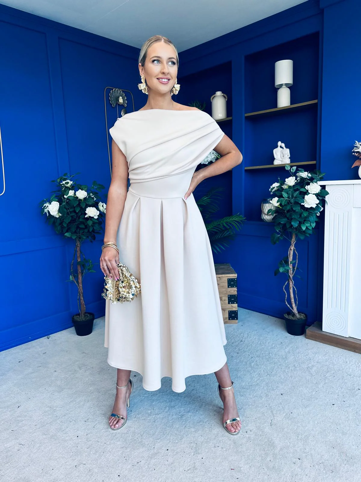 Breffy Asymmetric Neckline Skater Midi Cream - Image 7