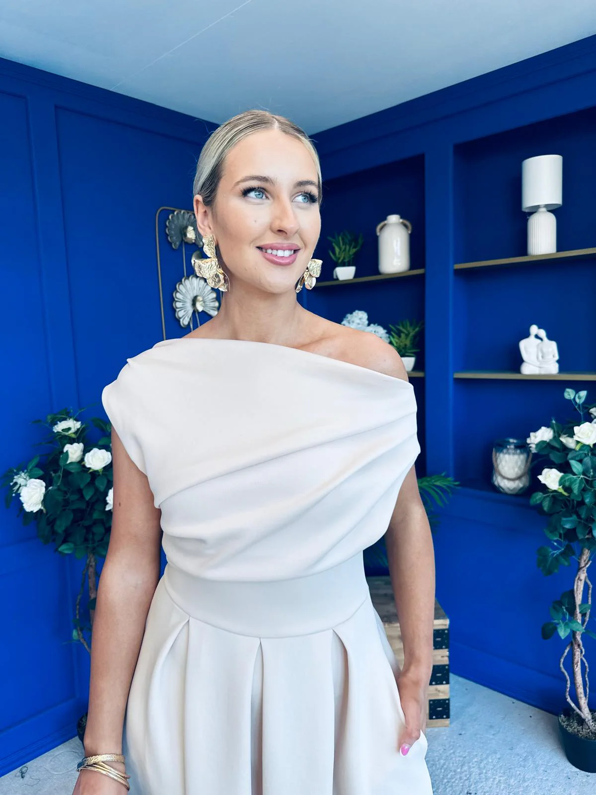 Breffy Asymmetric Neckline Skater Midi Cream - Image 8