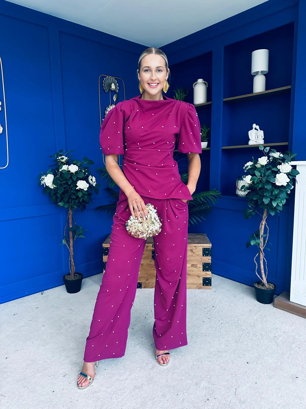 Cliona Pearl Detail Top And Trouser Set Berry - Image 4