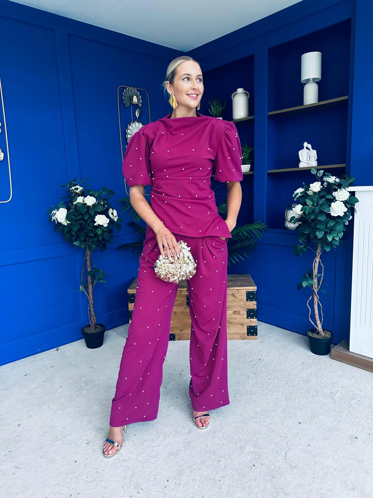 Cliona Pearl Detail Top And Trouser Set Berry - Image 5