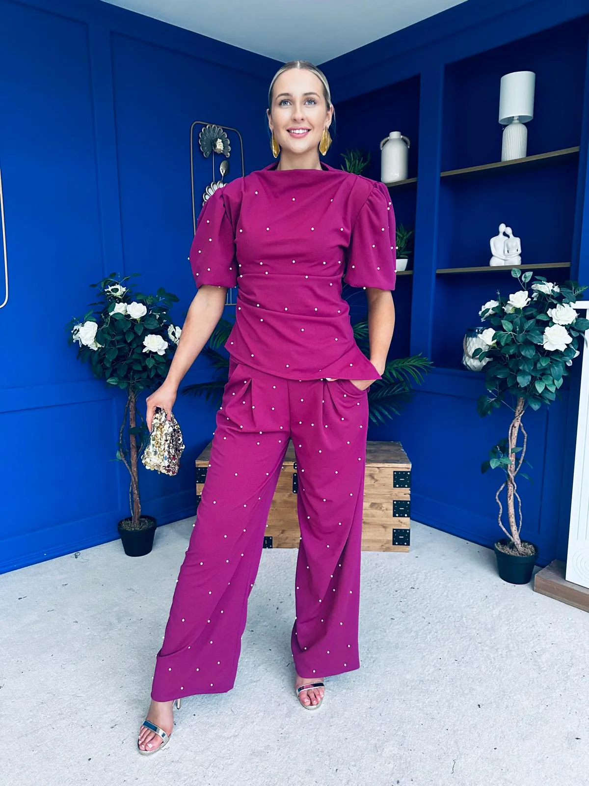 Cliona Pearl Detail Top And Trouser Set Berry - Image 6