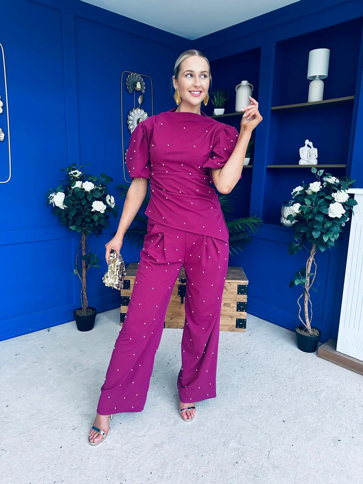 Cliona Pearl Detail Top And Trouser Set Berry - Image 7