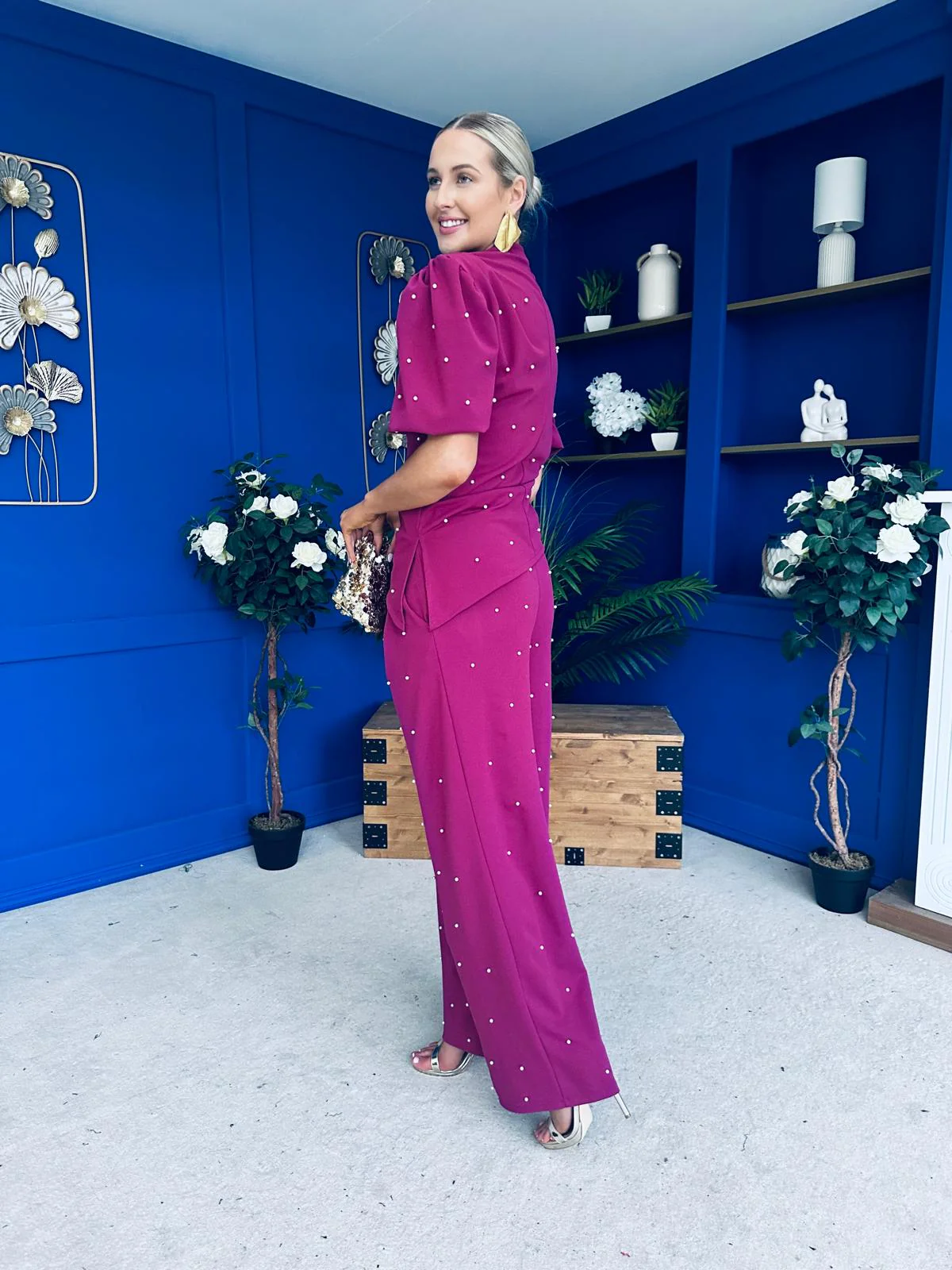 Cliona Pearl Detail Top And Trouser Set Berry - Image 9