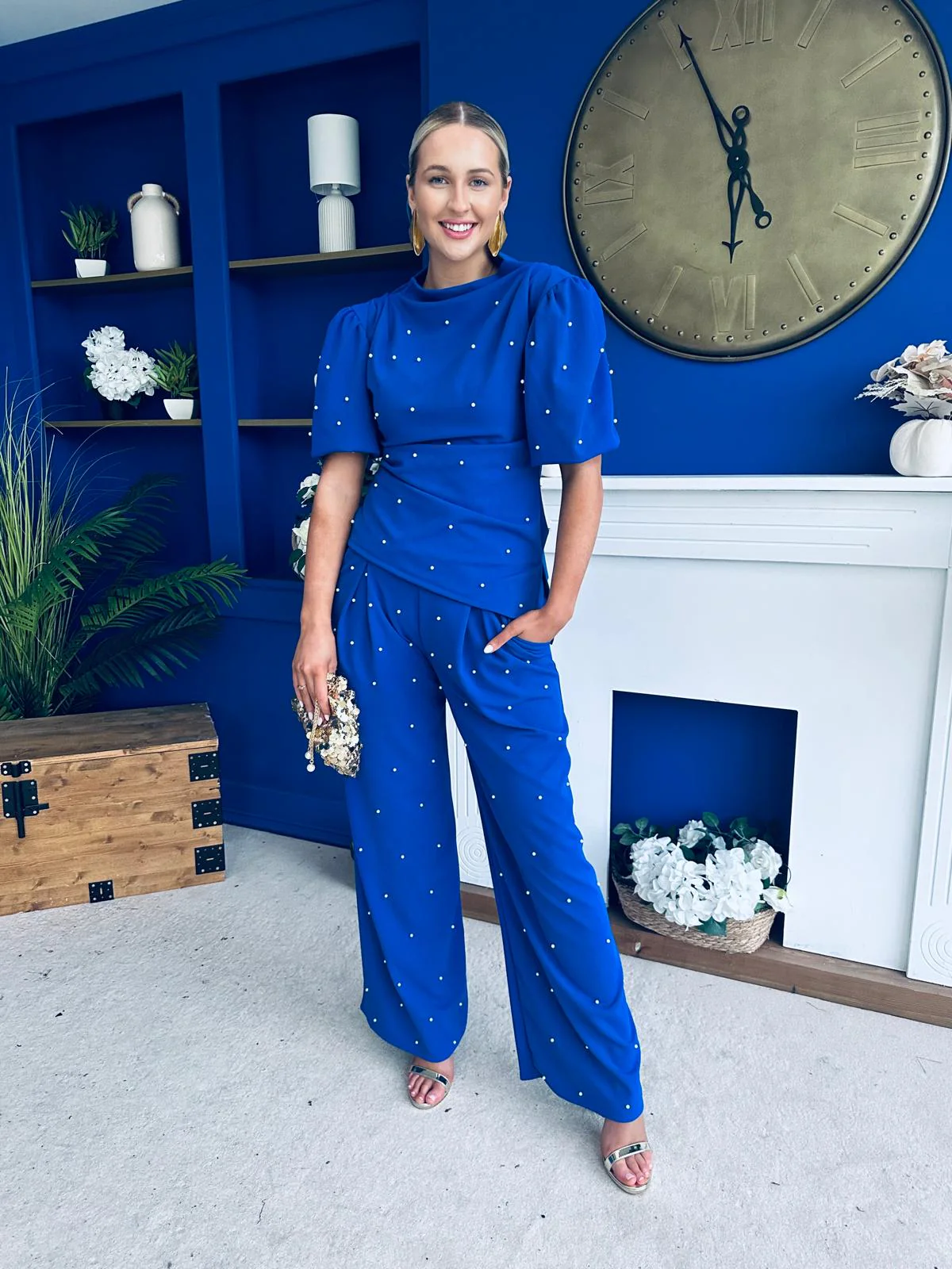 Cliona Pearl Detail Top And Trouser Set Cobalt - Image 3