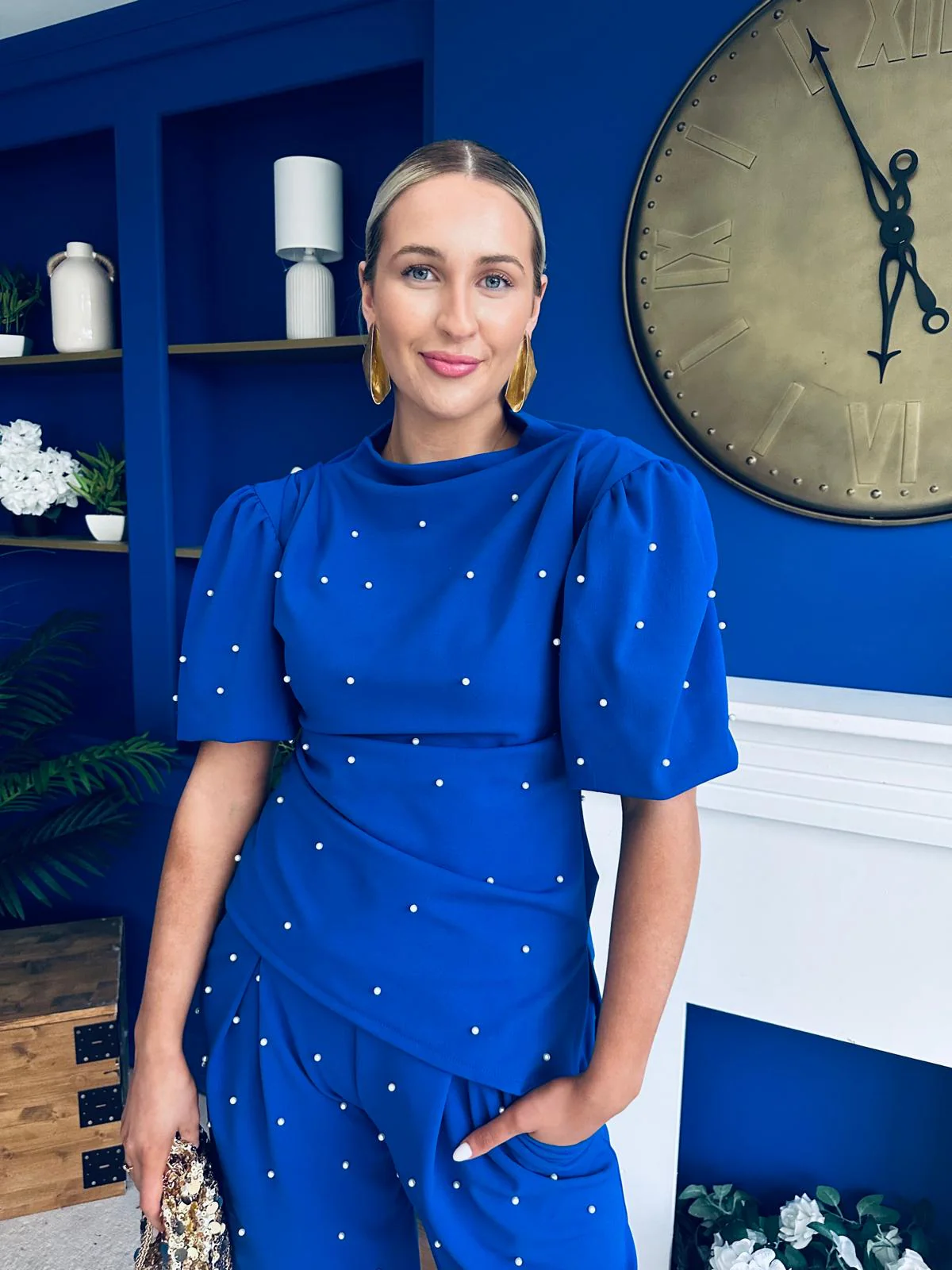 Cliona Pearl Detail Top And Trouser Set Cobalt - Image 4