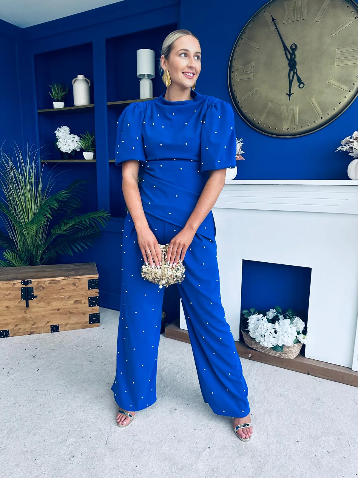 Cliona Pearl Detail Top And Trouser Set Cobalt - Image 5