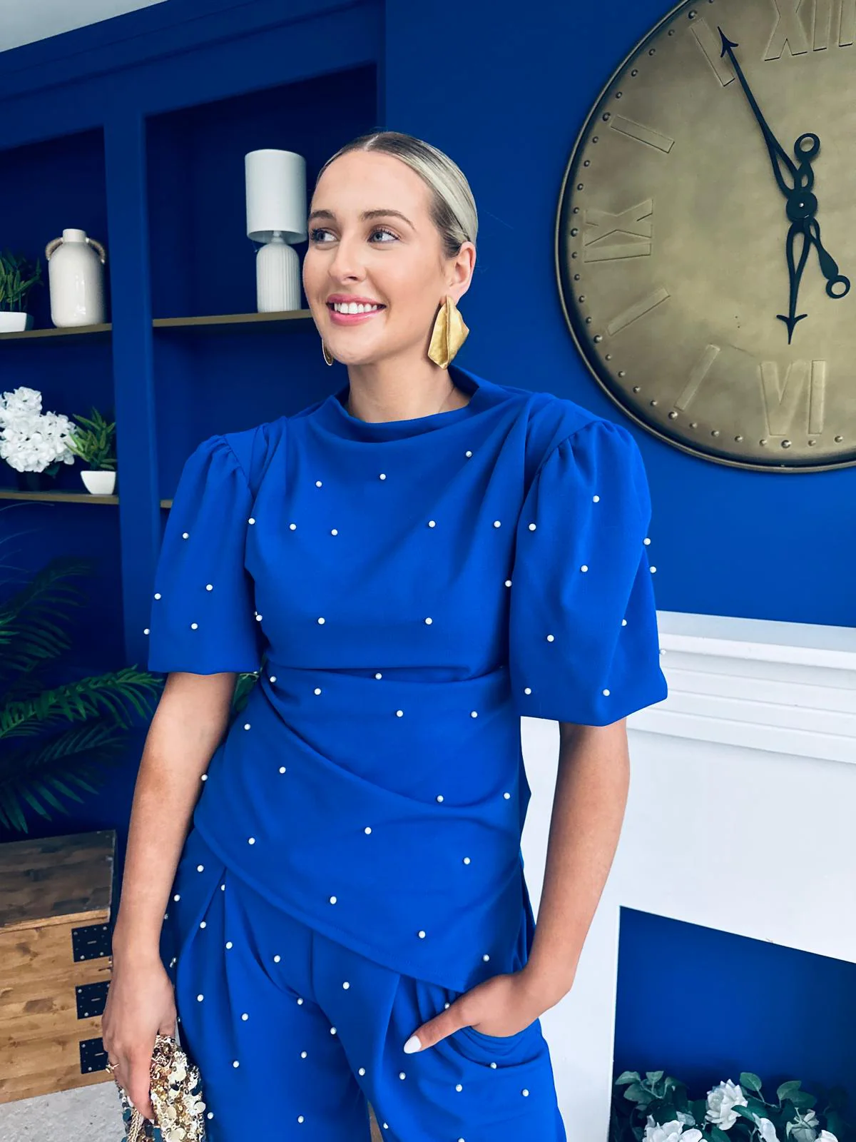 Cliona Pearl Detail Top And Trouser Set Cobalt - Image 6