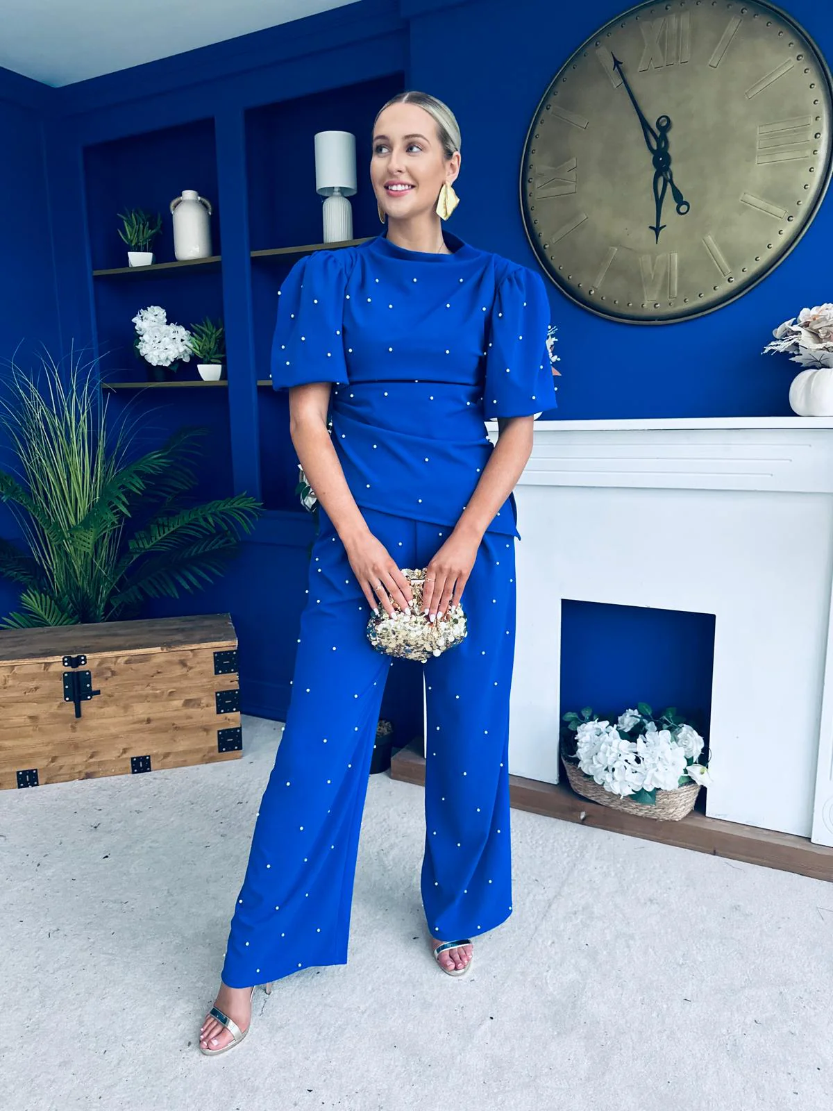 Cliona Pearl Detail Top And Trouser Set Cobalt - Image 7