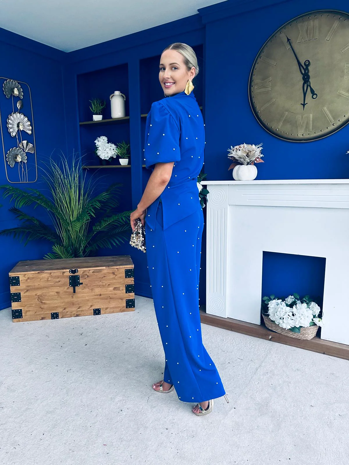 Cliona Pearl Detail Top And Trouser Set Cobalt - Image 8