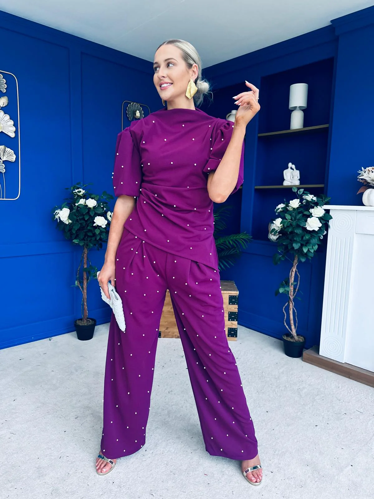 Cliona Pearl Detail Top And Trouser Set Plum - Image 10