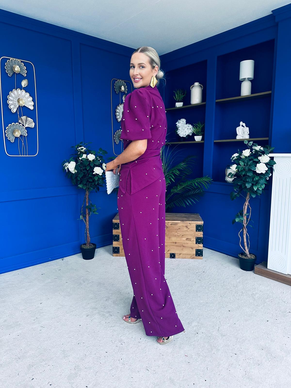 Cliona Pearl Detail Top And Trouser Set Plum - Image 11