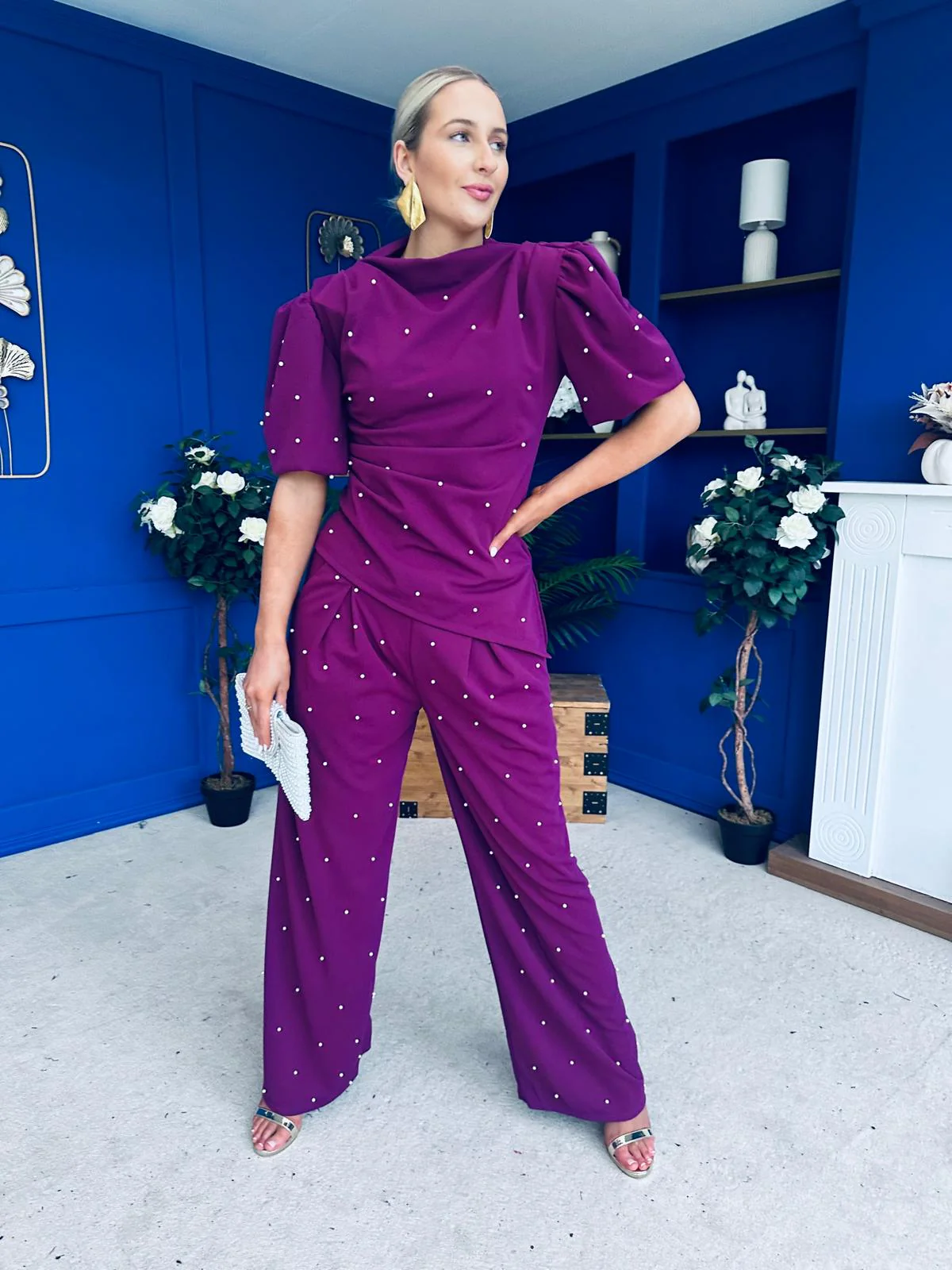 Cliona Pearl Detail Top And Trouser Set Plum - Image 3
