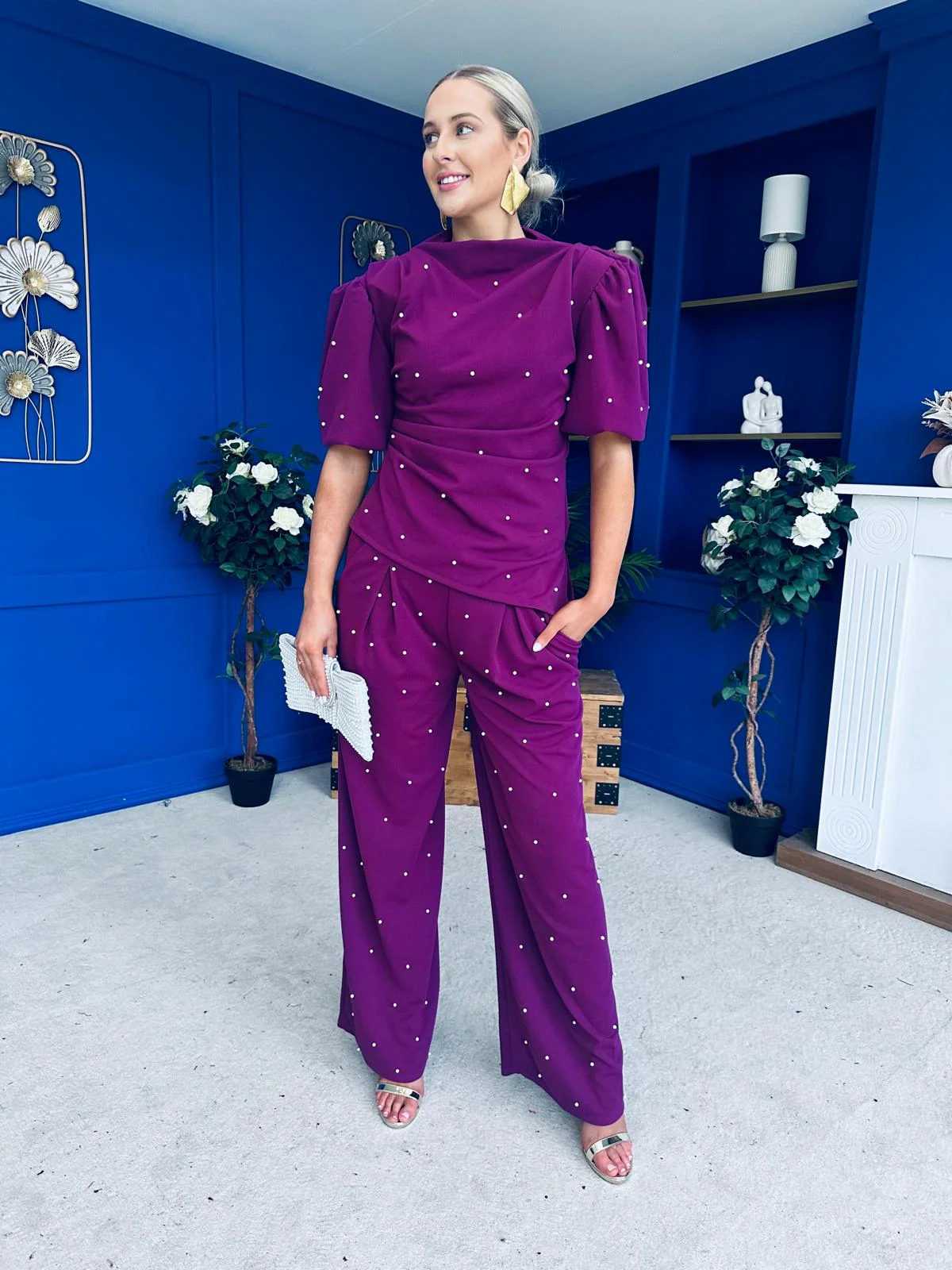 Cliona Pearl Detail Top And Trouser Set Plum - Image 4