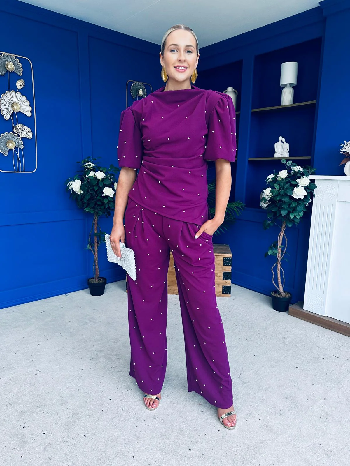 Cliona Pearl Detail Top And Trouser Set Plum - Image 5