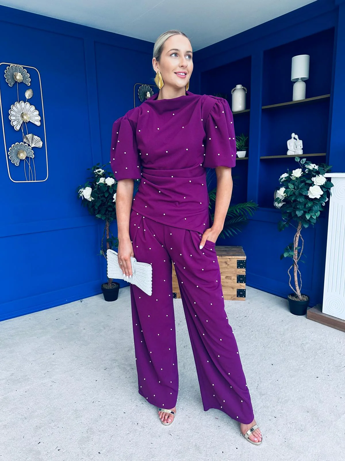 Cliona Pearl Detail Top And Trouser Set Plum - Image 6