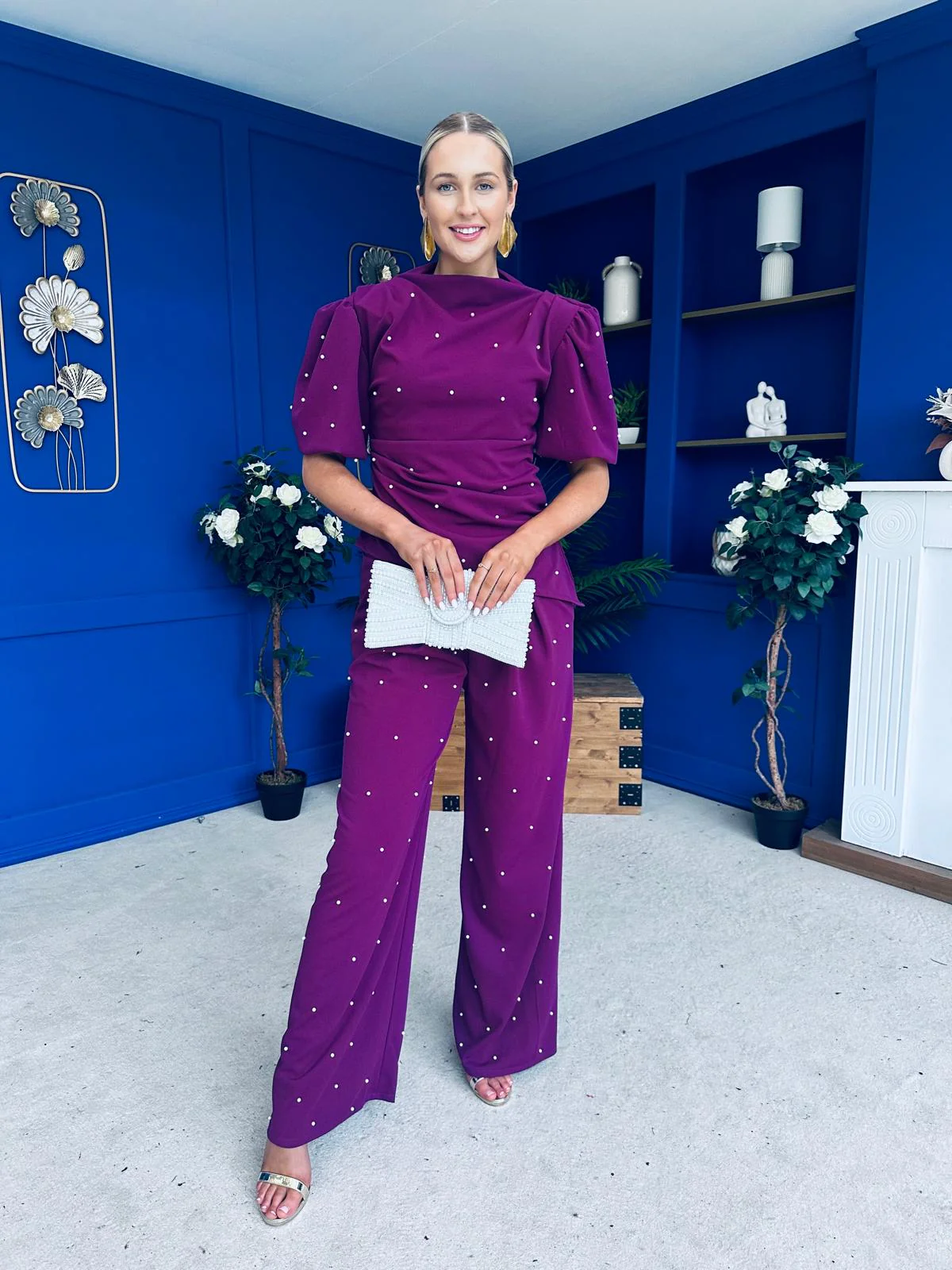 Cliona Pearl Detail Top And Trouser Set Plum - Image 8