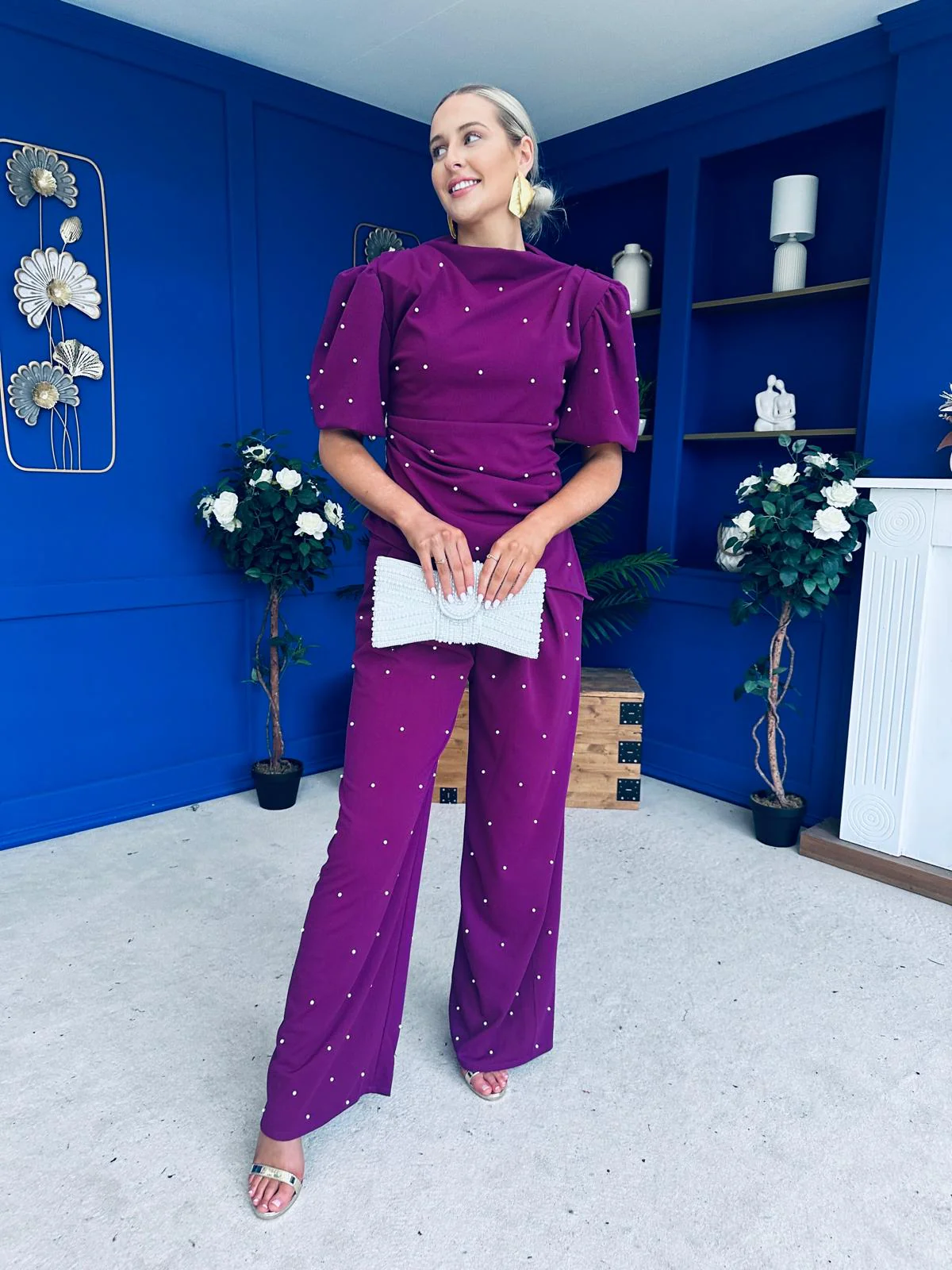 Cliona Pearl Detail Top And Trouser Set Plum - Image 9