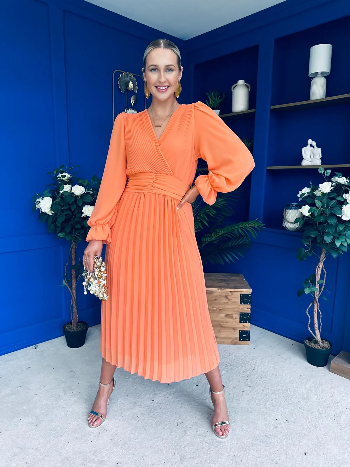 Clodagh Pleat Detailed Midi Dress Amber - Image 3