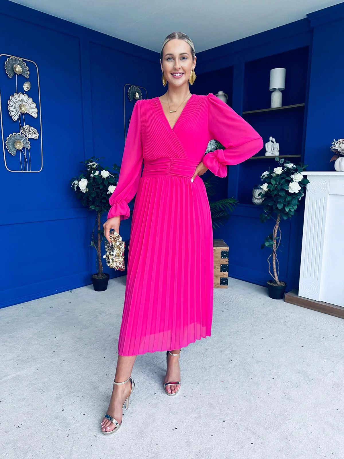 Clodagh Pleat Detailed Midi Dress Fuchsia - Image 10