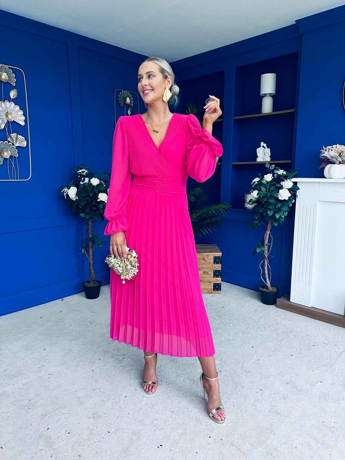 Clodagh Pleat Detailed Midi Dress Fuchsia - Image 3