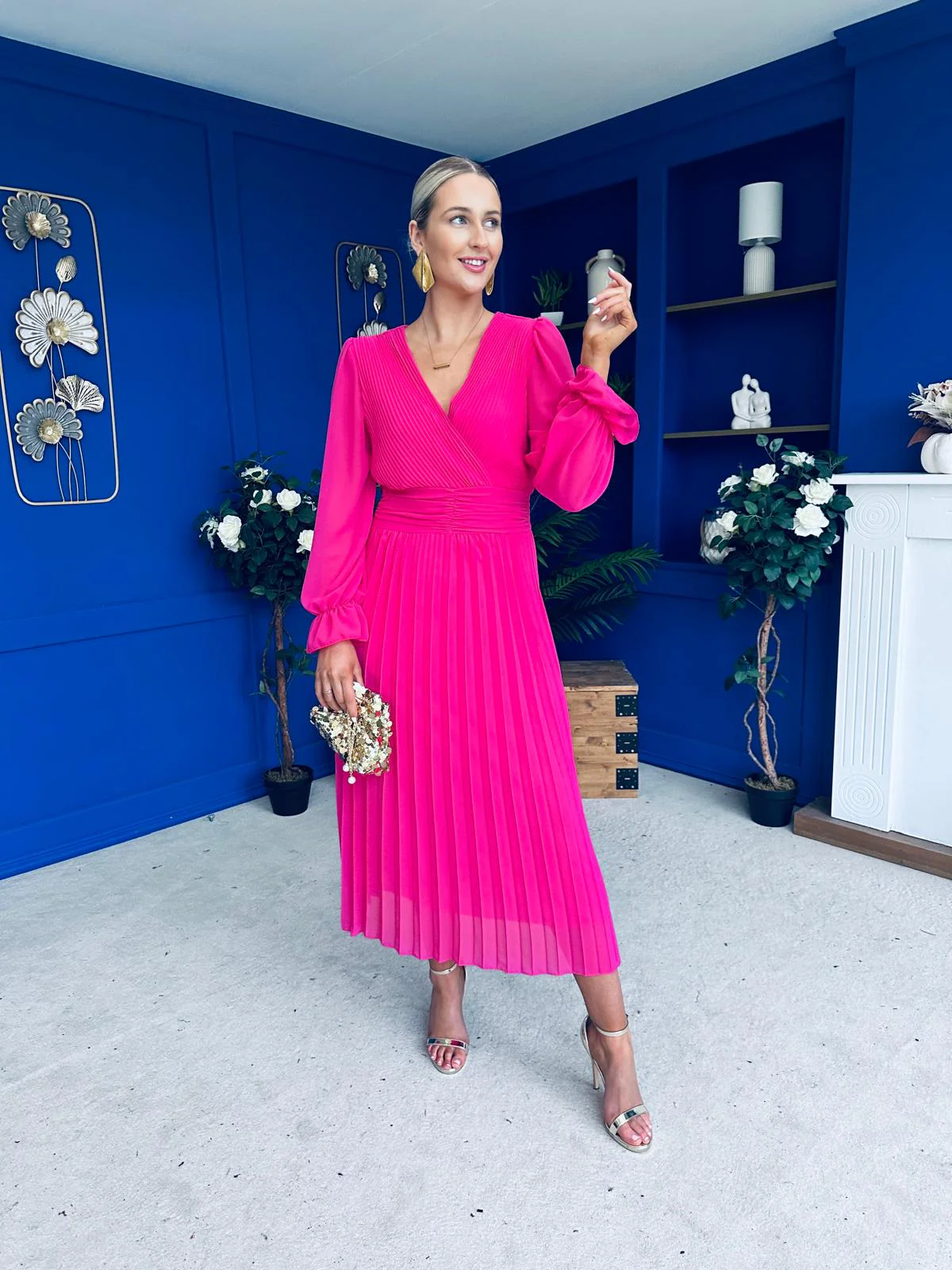 Clodagh Pleat Detailed Midi Dress Fuchsia - Image 4