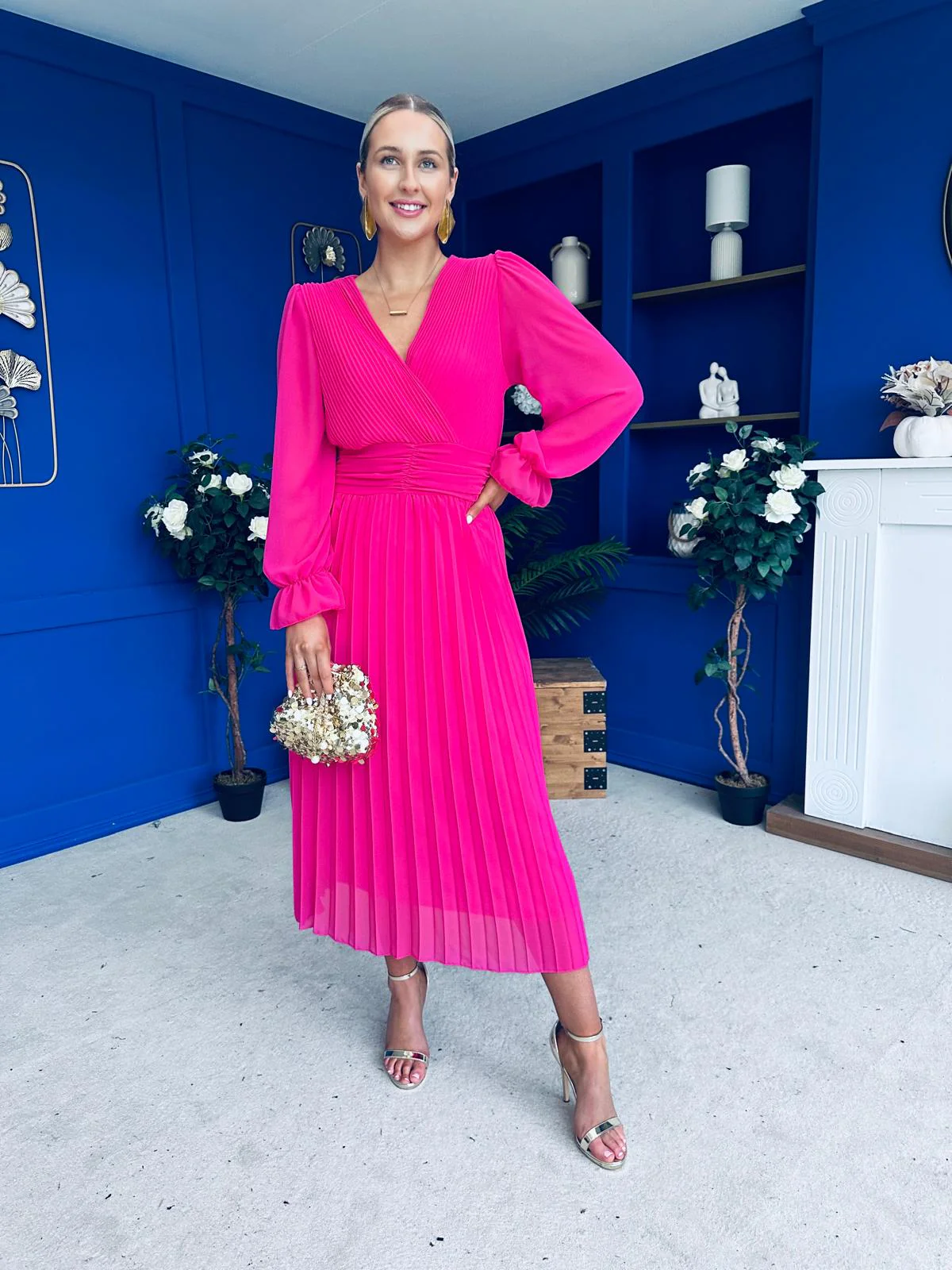 Clodagh Pleat Detailed Midi Dress Fuchsia - Image 5