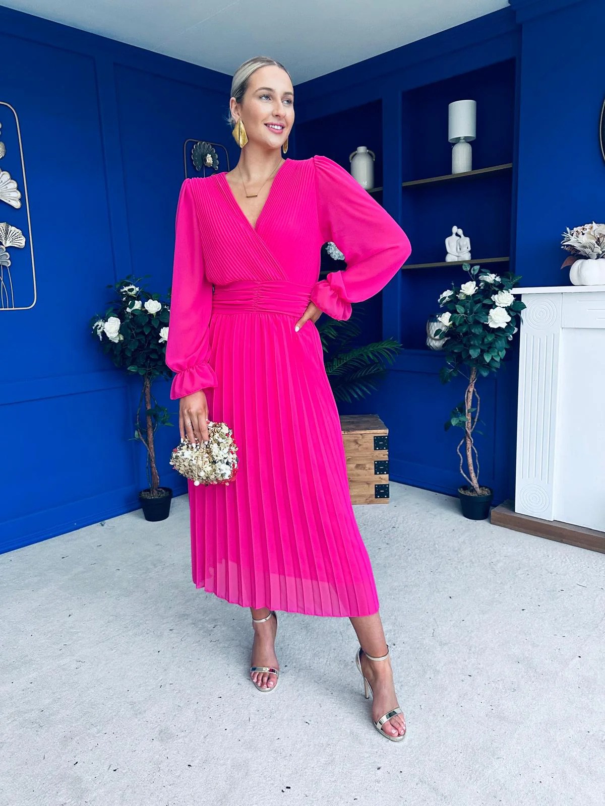 Clodagh Pleat Detailed Midi Dress Fuchsia - Image 6