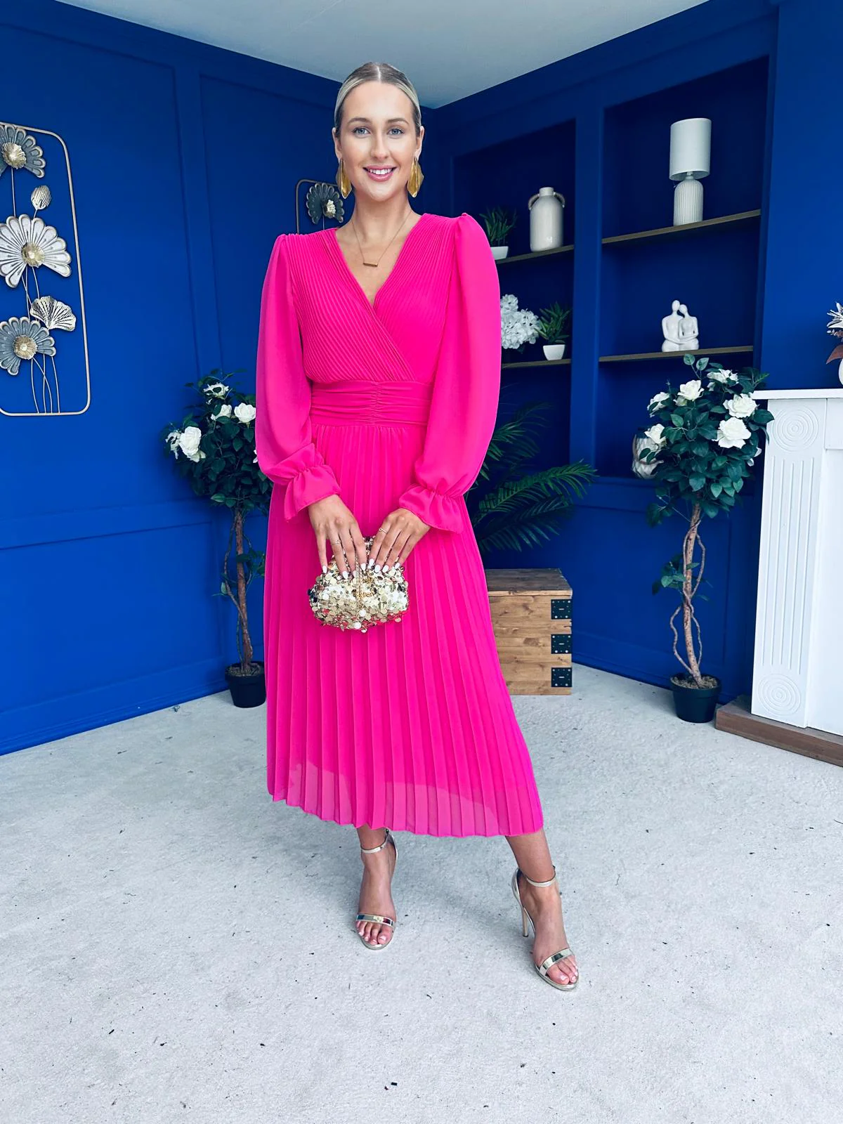 Clodagh Pleat Detailed Midi Dress Fuchsia - Image 8