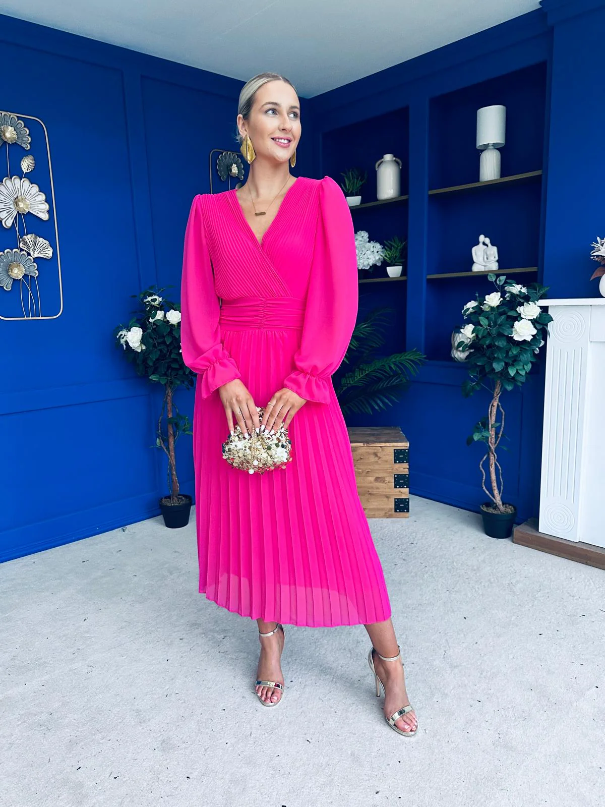 Clodagh Pleat Detailed Midi Dress Fuchsia - Image 9