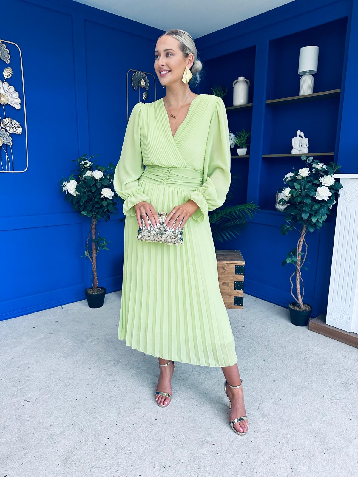 Clodagh Pleat Detailed Midi Dress Lime - Image 11