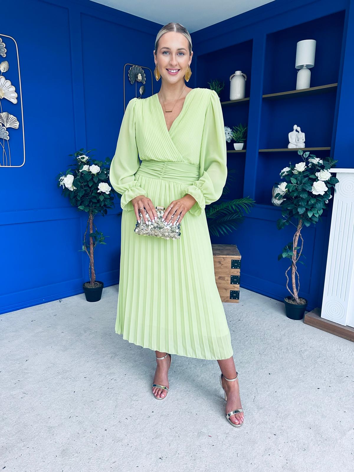 Clodagh Pleat Detailed Midi Dress Lime - Image 12