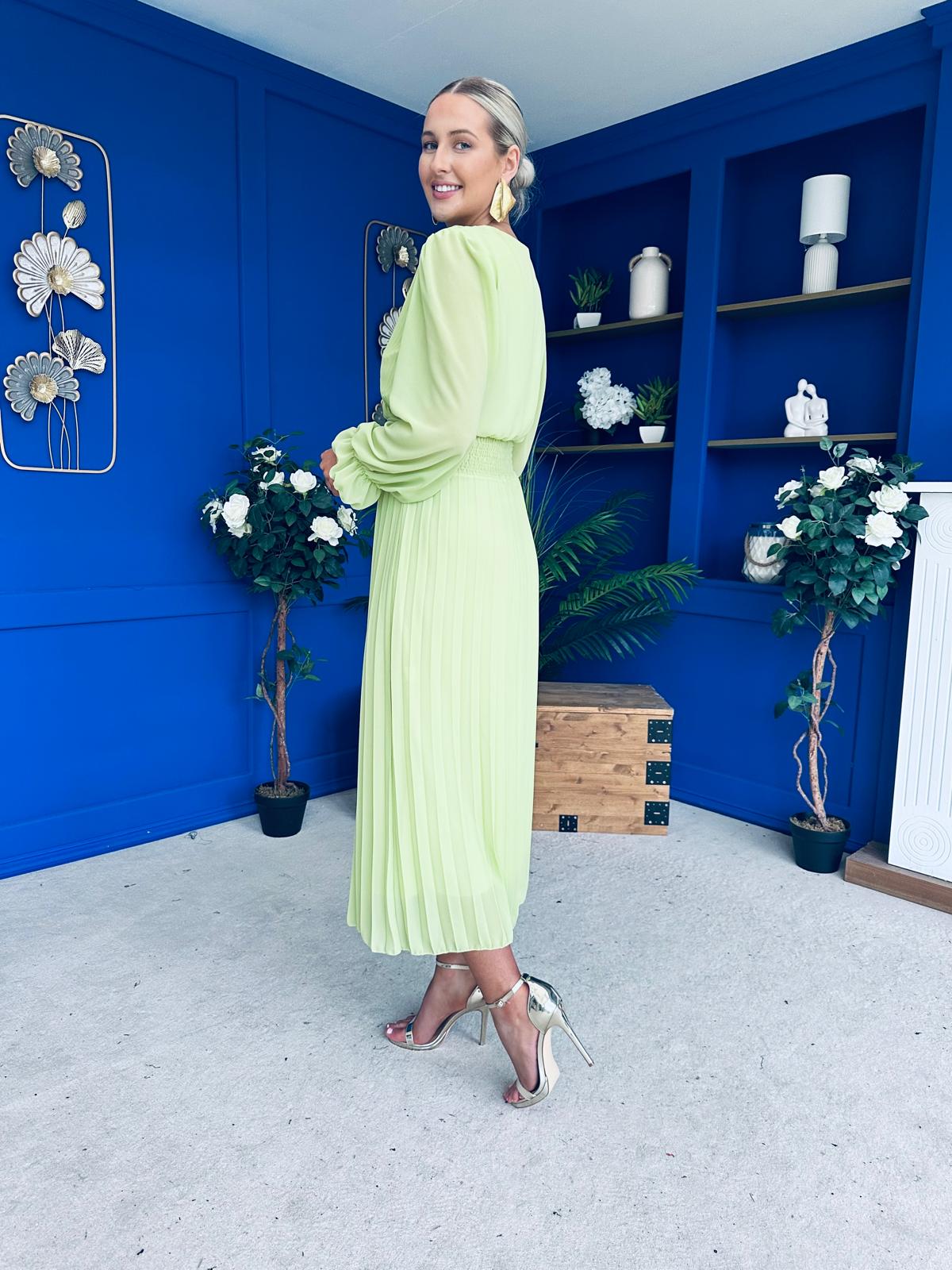Clodagh Pleat Detailed Midi Dress Lime - Image 13