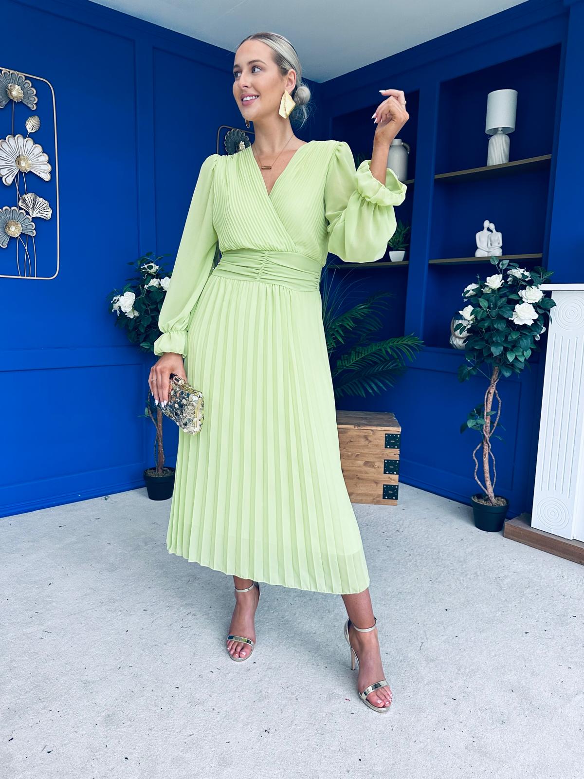 Clodagh Pleat Detailed Midi Dress Lime - Image 5