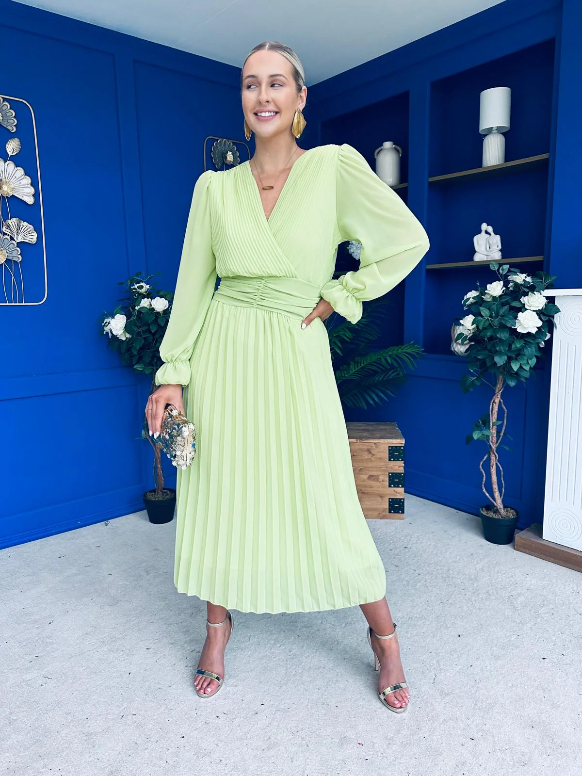 Clodagh Pleat Detailed Midi Dress Lime - Image 7