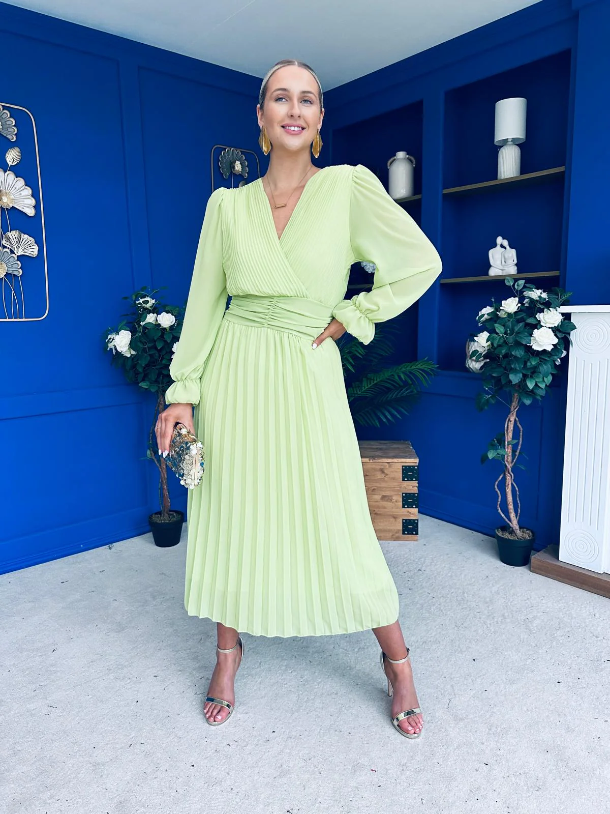 Clodagh Pleat Detailed Midi Dress Lime - Image 8