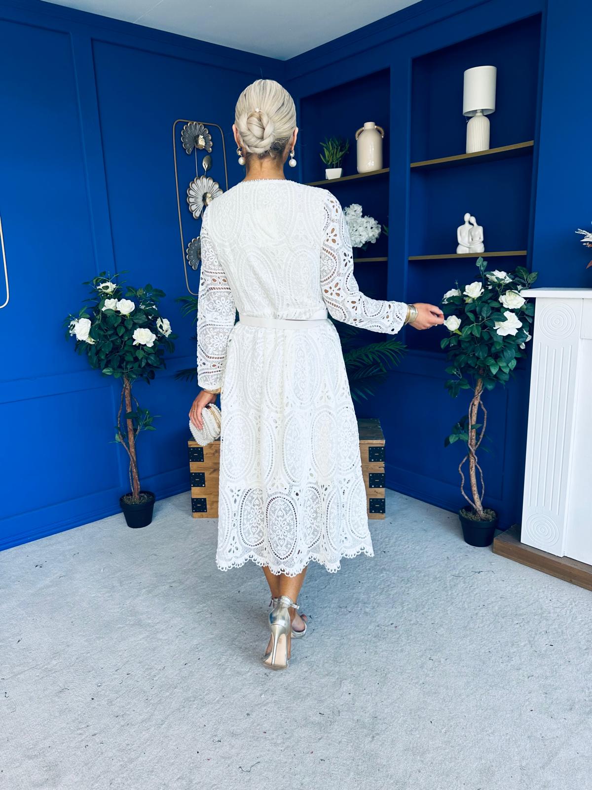 Dani Crochet Detail Occasion Dress Cream - Image 10