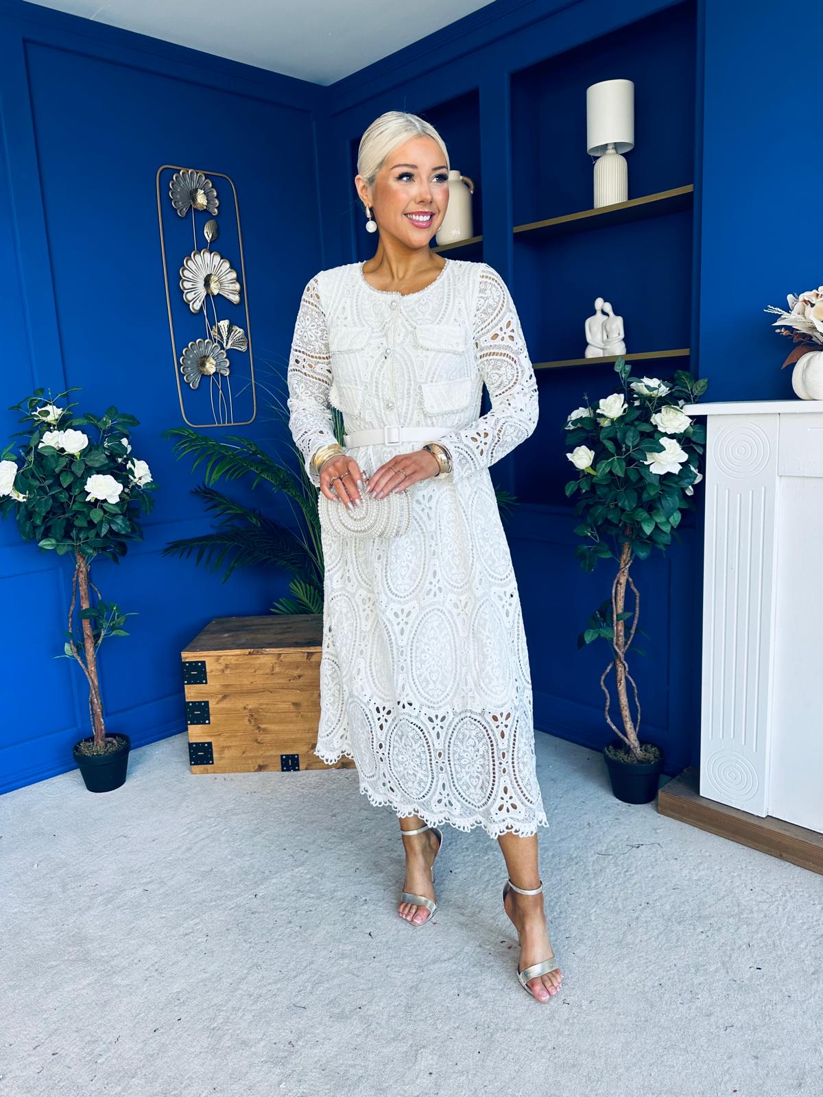 Dani Crochet Detail Occasion Dress Cream - Image 3