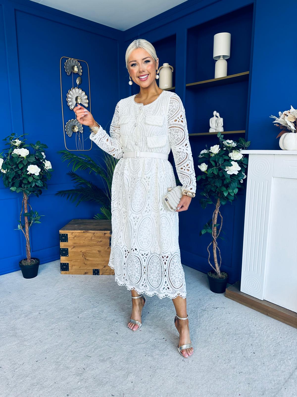 Dani Crochet Detail Occasion Dress Cream - Image 5