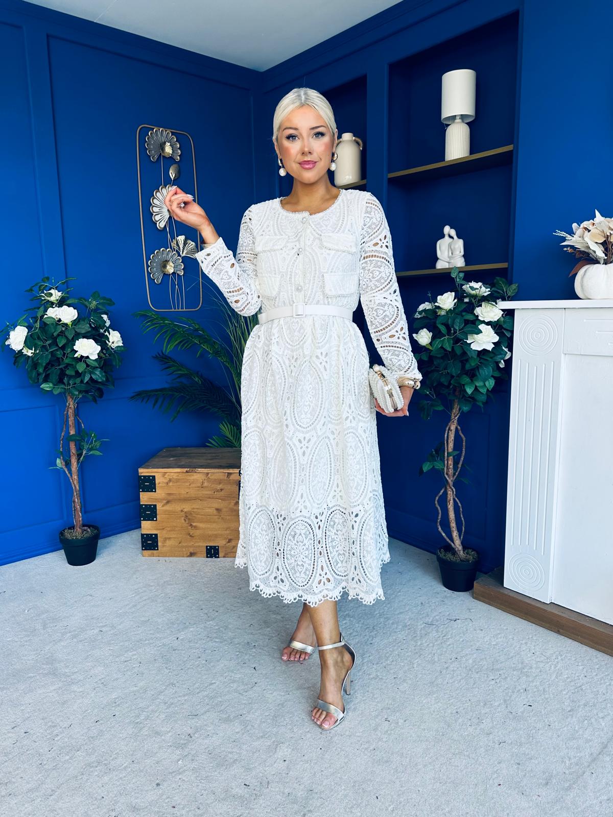 Dani Crochet Detail Occasion Dress Cream - Image 6