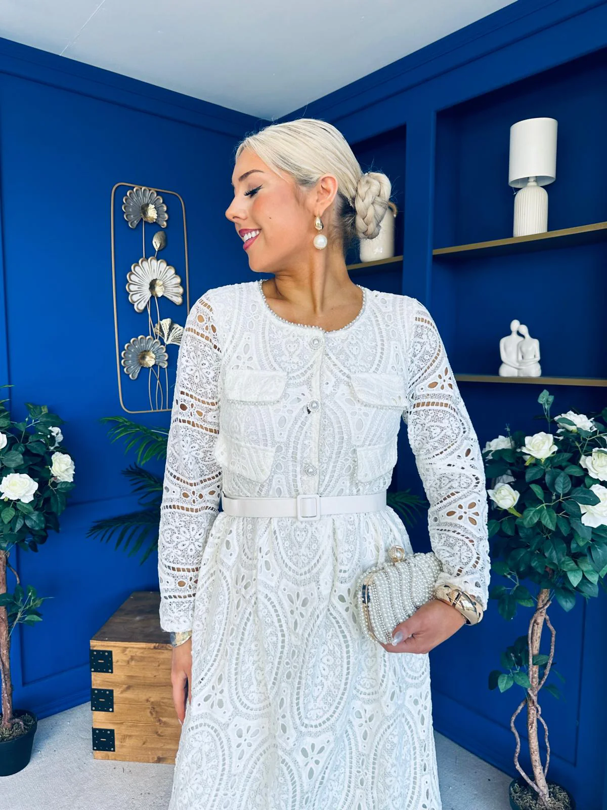 Dani Crochet Detail Occasion Dress Cream - Image 7